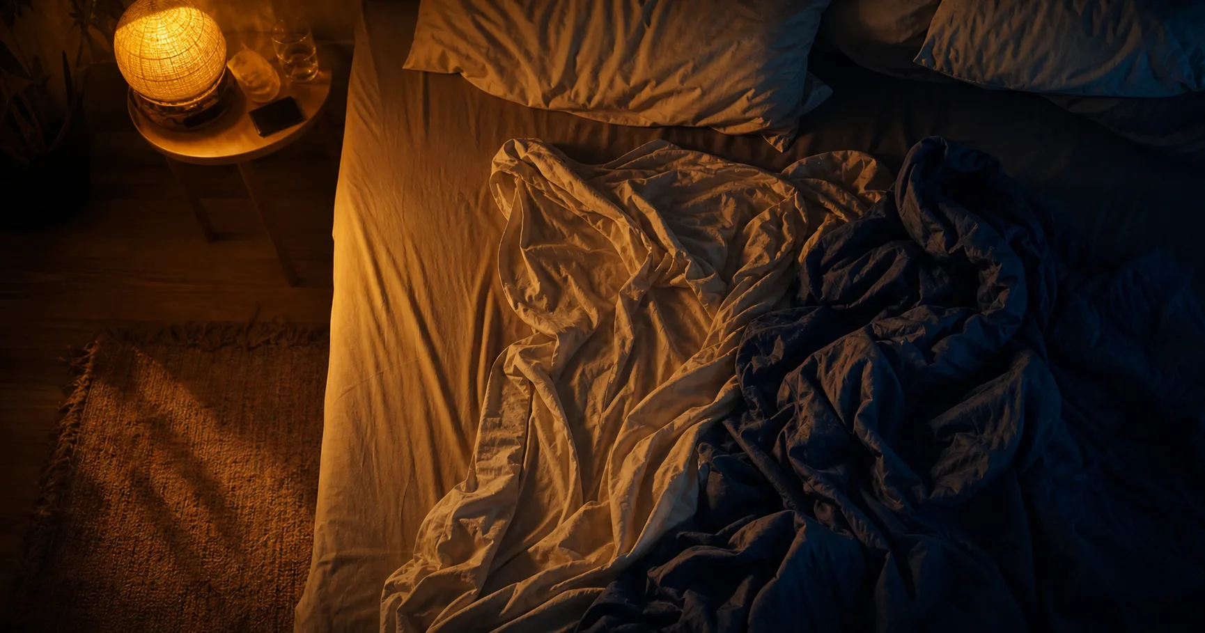 Draps en désordre dans un lit surchauffé la nuit en été