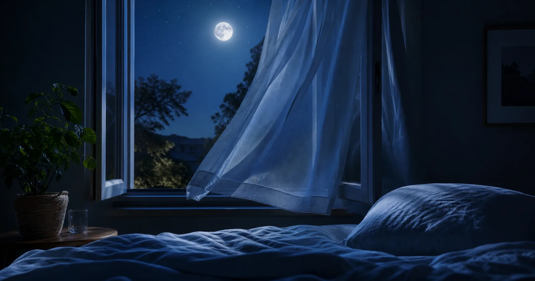 Chambre avec fenêtre ouverte la nuit en été pour une température idéale de sommeil
