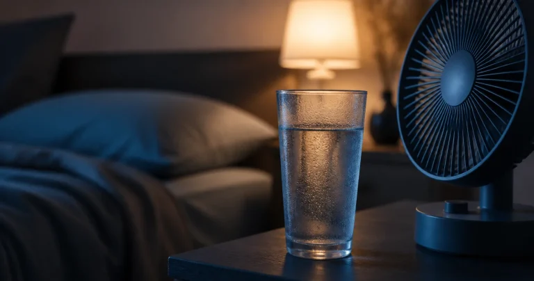 Verre d eau fraîche et ventilateur sur table de nuit pour dormir moins chaud