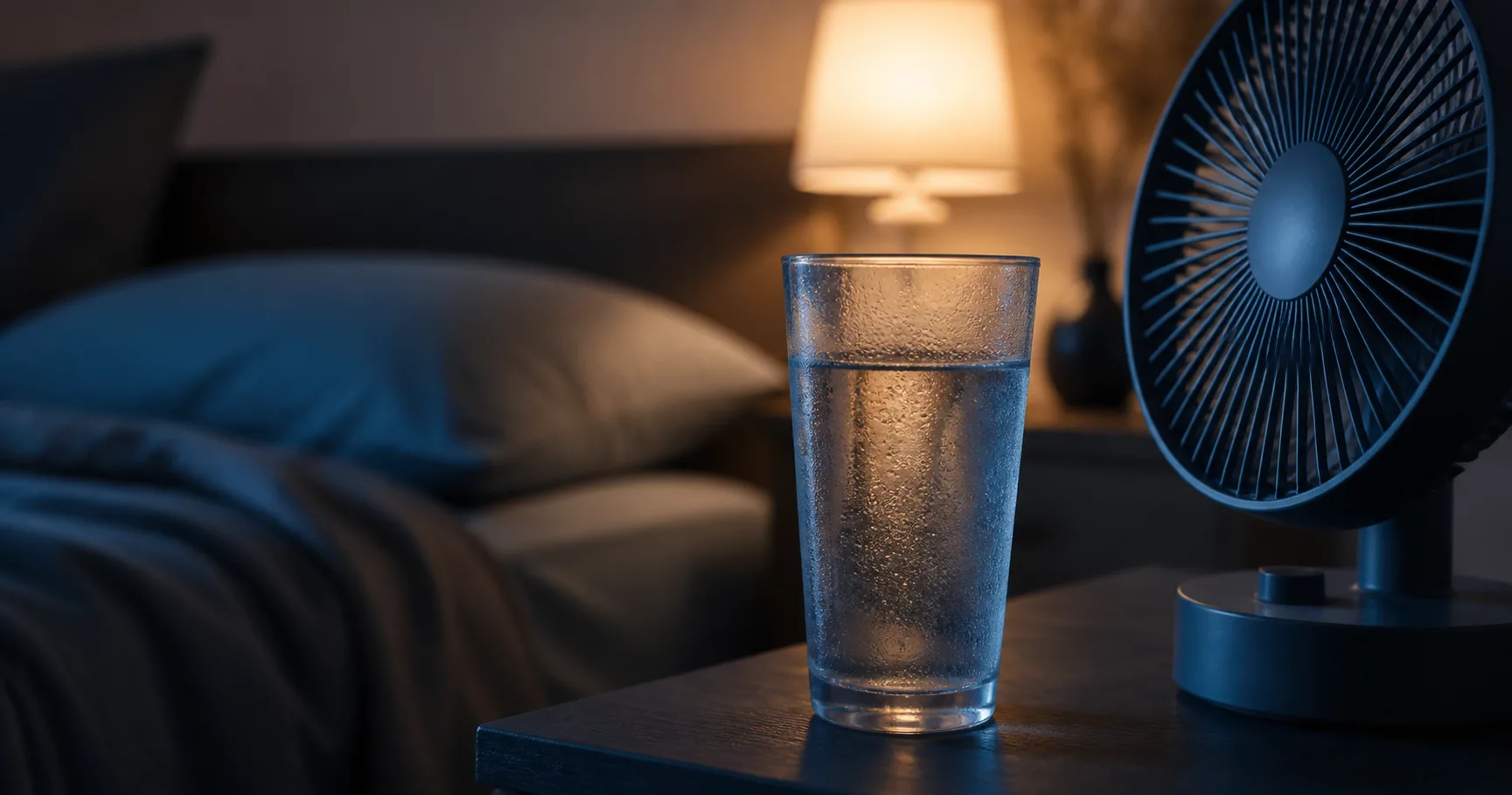 Verre d eau fraîche et ventilateur sur table de nuit pour dormir moins chaud