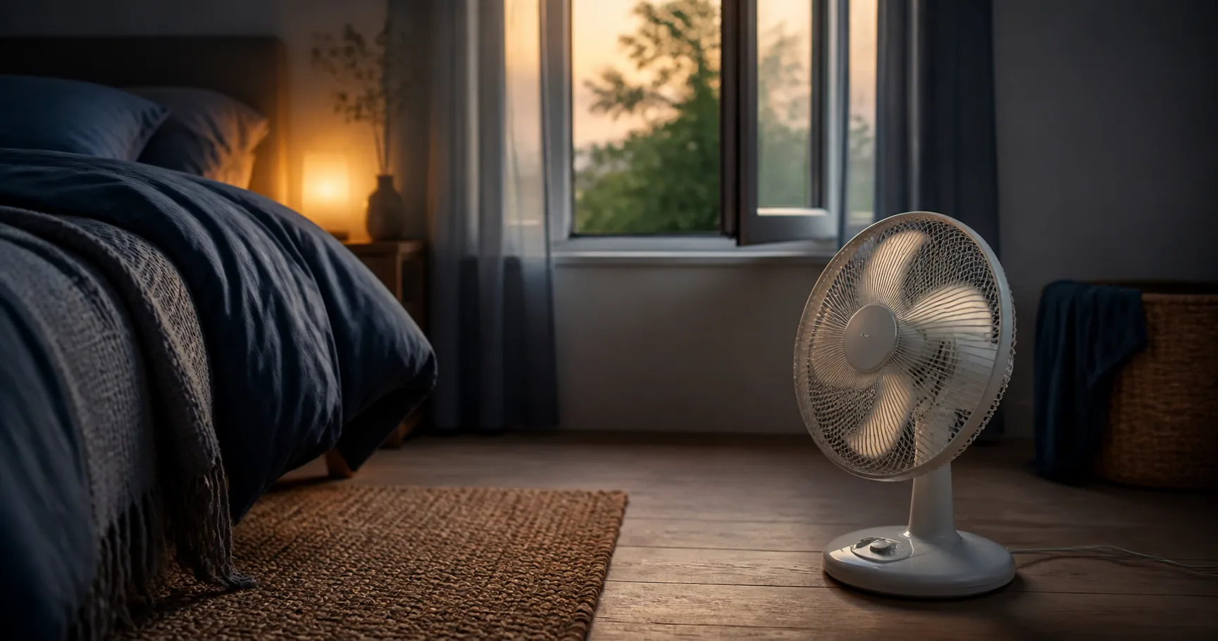 Ventilateur blanc en marche dans une chambre à coucher en été