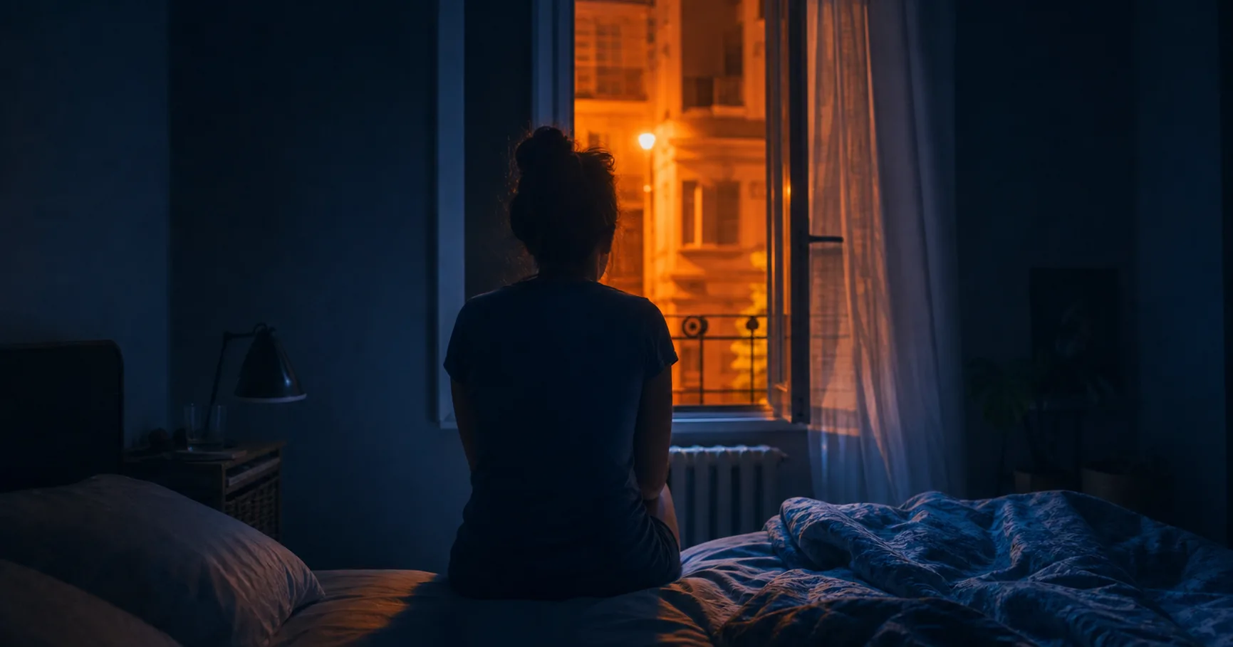 Silhouette assise au bord du lit lors d une nuit de canicule avec chaleur par la fenêtre