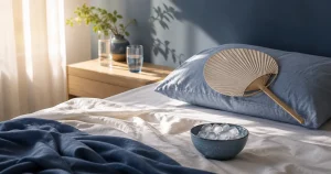 Chambre fraîche avec draps légers et objets de fraîcheur pour dormir quand il fait chaud