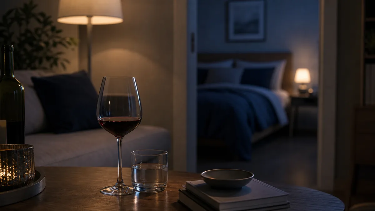 Verre de vin posé sur une table de nuit, symbolisant la perturbation du sommeil par l'alcool.