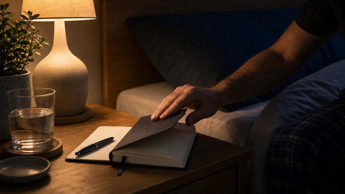 Personne allongée les yeux ouverts dans le noir, exprimant l'anxiété nocturne avant de dormir.