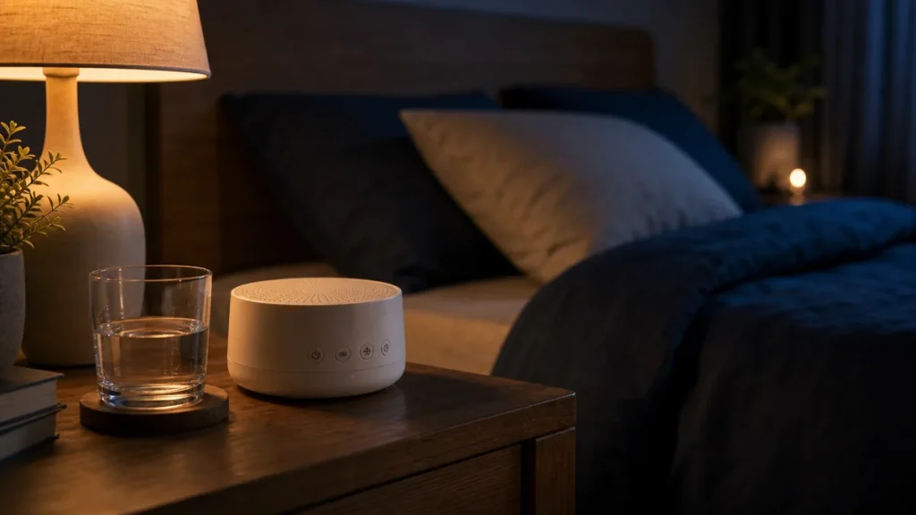 Enceinte compacte posée sur une table de nuit diffusant un bruit blanc pour favoriser le sommeil.
