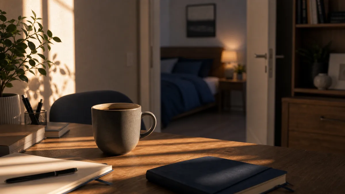 Tasse de café posée sur un bureau l'après-midi, associée aux troubles du sommeil nocturne.