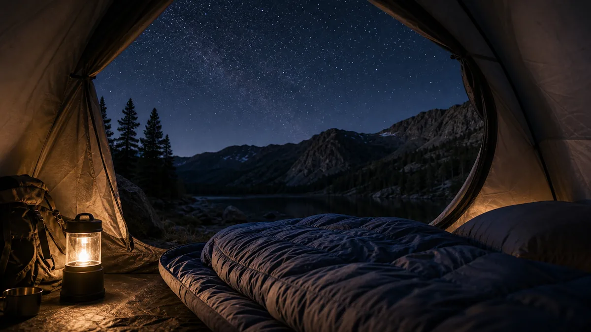 Tente installée dans un sous-bois au crépuscule, pour bien dormir en camping.