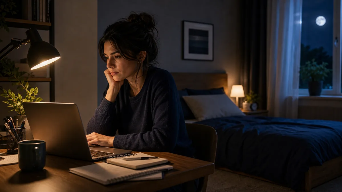 Personne éveillée tard le soir sous une lampe de bureau, illustrant le chronotype couche-tard.