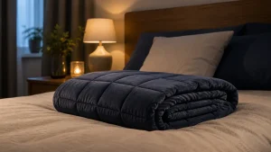 Couette lestée grise sur un lit soigné, pour un sommeil plus profond.
