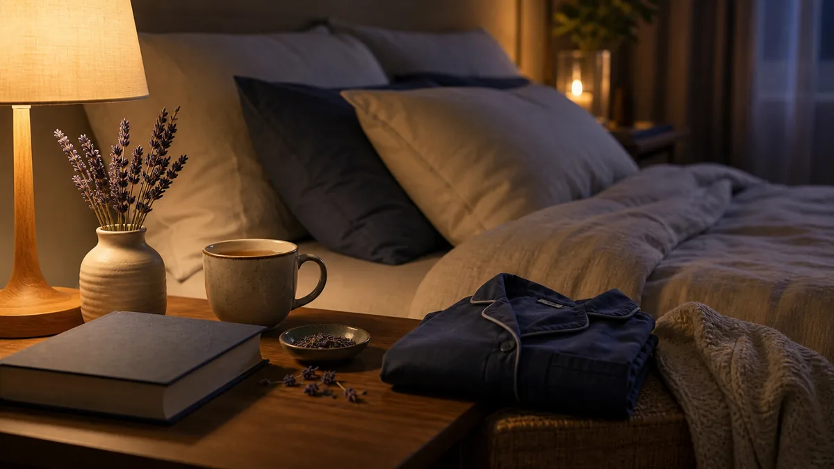 Ambiance calme d'une chambre le soir : bougie, livre et thé, rituels pour faciliter l'endormissement.