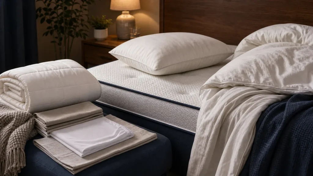 Lit douillet avec literie de qualité, illustrant un guide d'achat pour améliorer le sommeil.