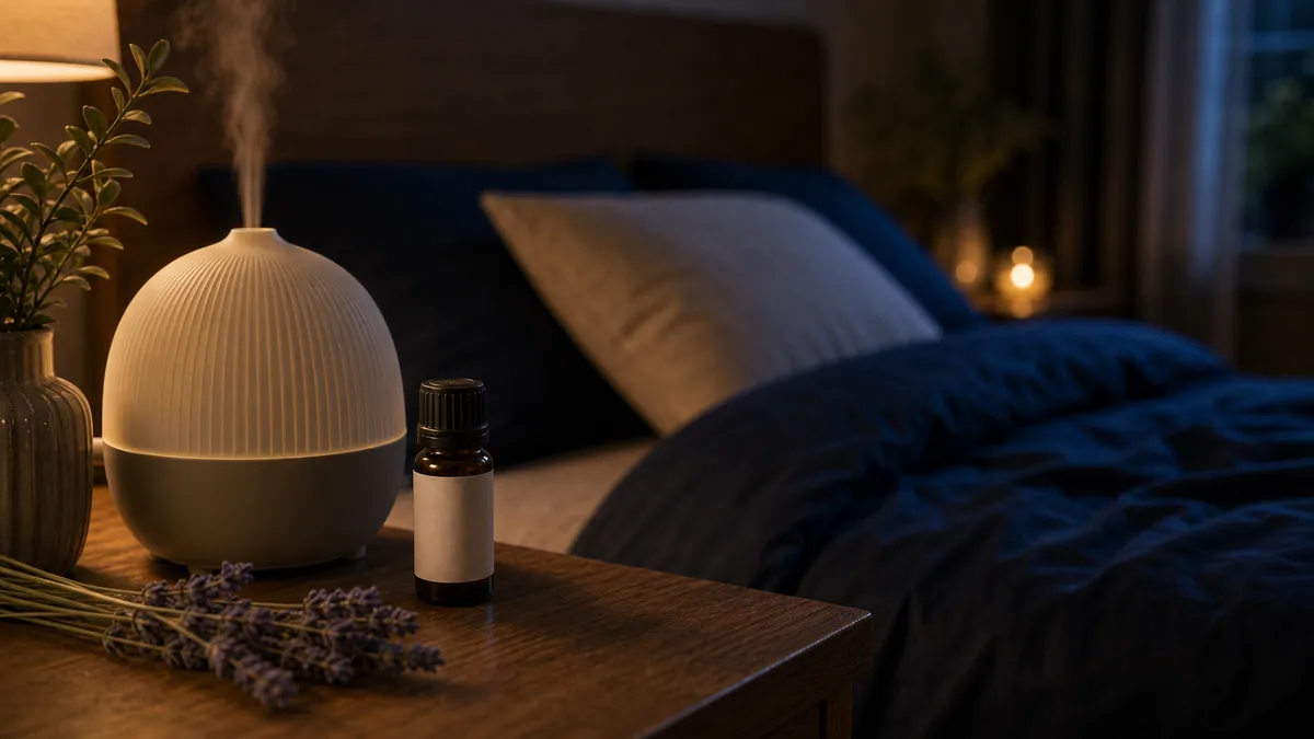 Flacons d'huiles essentielles de lavande sur une table de nuit pour favoriser la relaxation et le sommeil.