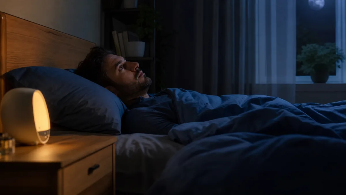 Personne allongée les yeux grands ouverts dans l'obscurité, incapable de s'endormir.