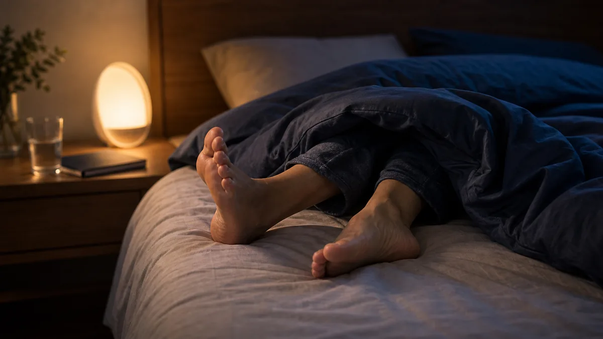 Jambes agitées sous les draps d'un lit, représentant le syndrome des jambes sans repos.