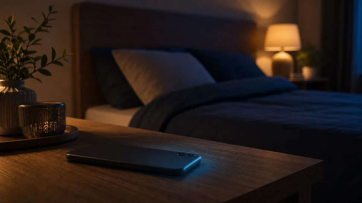 Mains tenant un smartphone allumé dans un lit sombre, lumière bleue perturbant le sommeil.