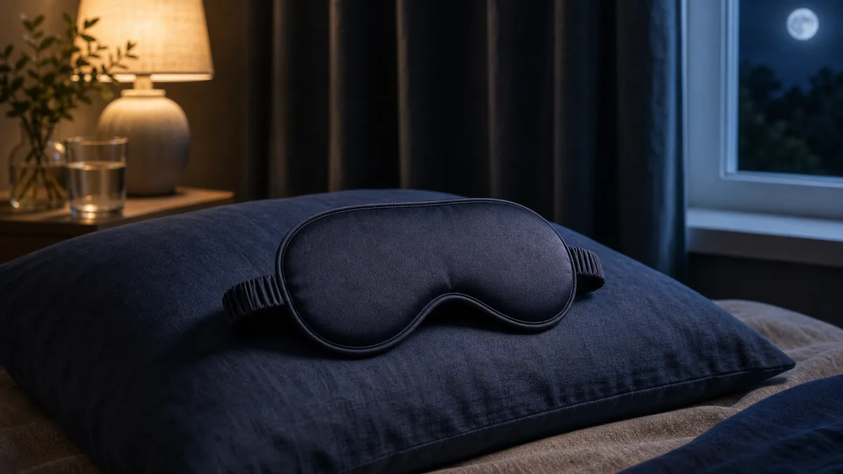 Masque de nuit en soie posé sur un oreiller blanc, pour bloquer la lumière et améliorer le sommeil.