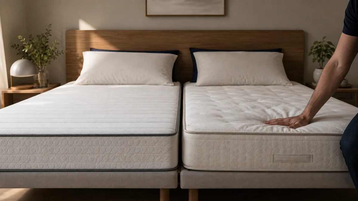Deux matelas côte à côte de fermetés différentes, pour choisir le bon soutien pour dormir.