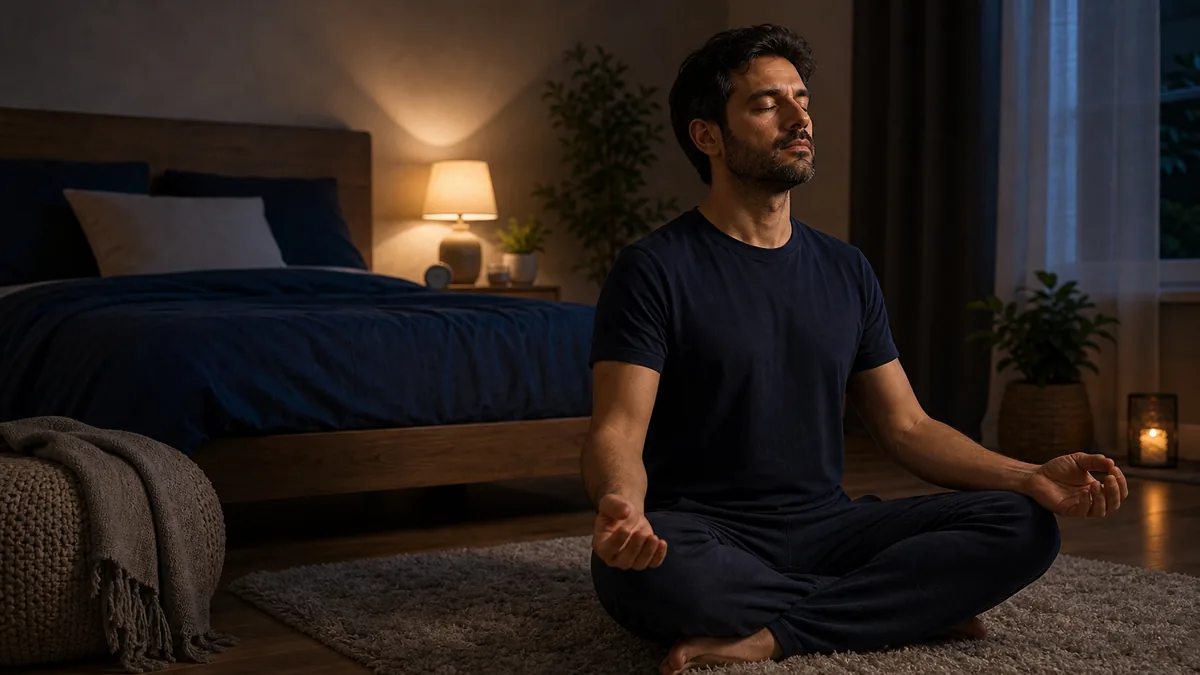 Personne en position de méditation dans une chambre tamisée, pour se détendre avant le sommeil.