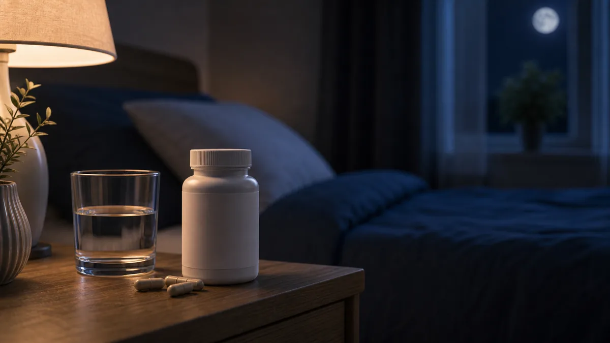 Flacon de mélatonine et comprimés sur une table de nuit, aide au sommeil naturelle.