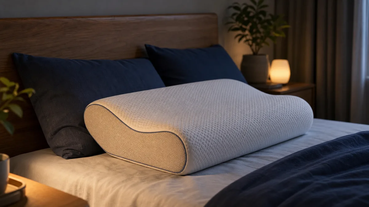 Oreiller ergonomique cervical blanc sur un lit, pour un soutien optimal de la nuque pendant le sommeil.