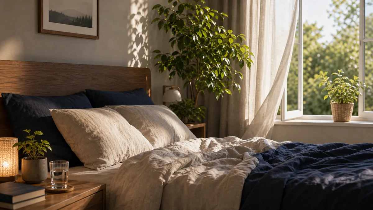 Plantes vertes disposées dans une chambre lumineuse, favorisant un air pur pour mieux dormir.