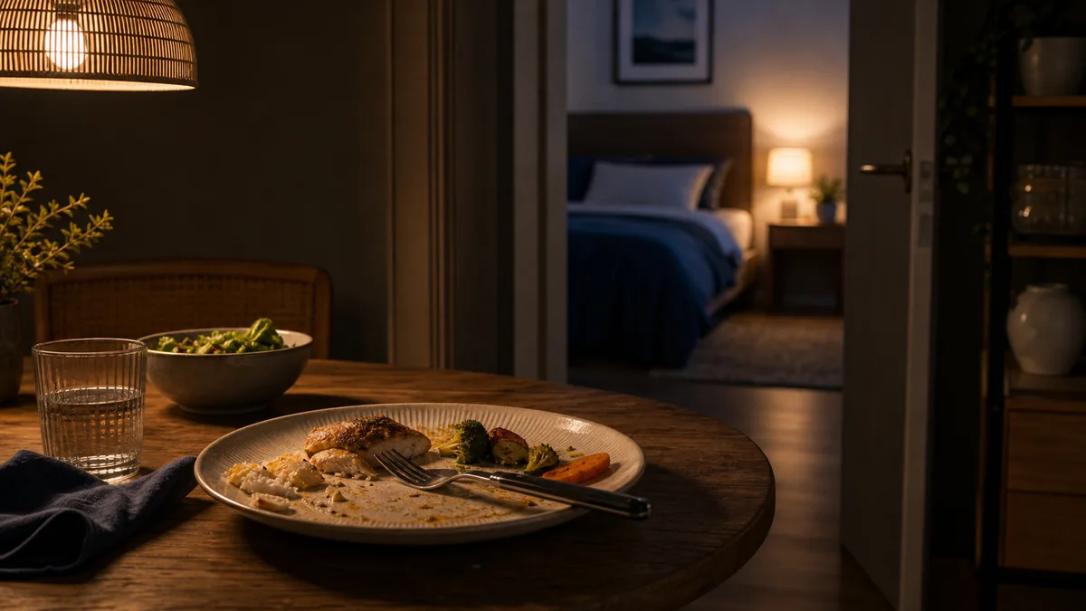 Table de dîner avec un repas copieux, illustrant l'impact d'un repas lourd sur le sommeil.