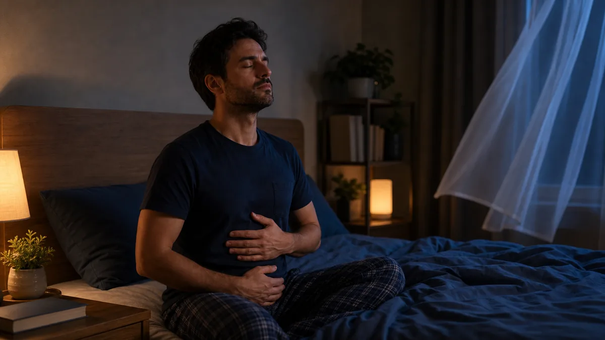 Personne au lit pratiquant la respiration abdominale, technique 4-7-8 pour s'endormir rapidement.