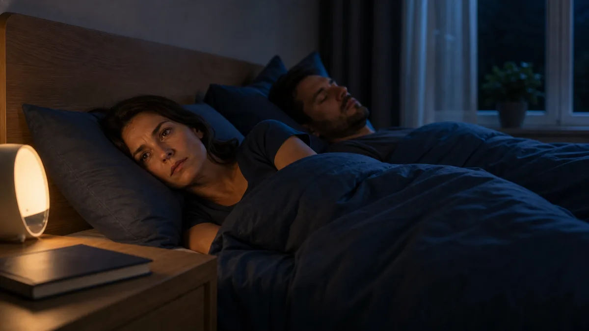 Couple au lit, l'un ronflant et l'autre se bouchant les oreilles avec un oreiller.