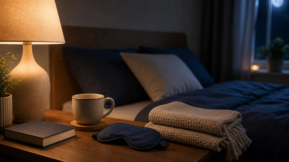 Chambre apaisante le soir avec lumière douce, représentant une routine de coucher apaisante pour adulte.