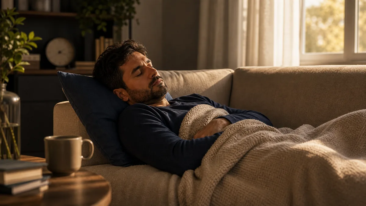 Personne endormie sur un canapé en plein après-midi, illustrant les effets d'une sieste trop longue.