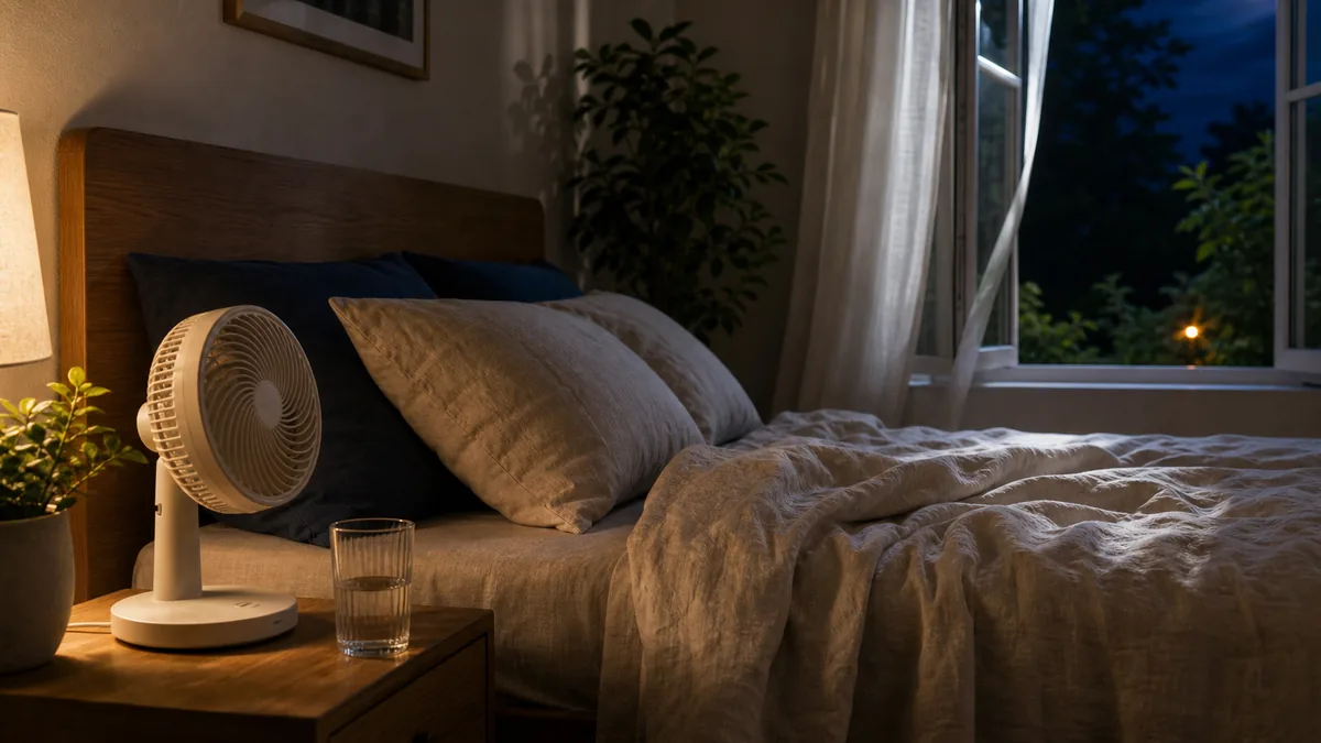 Chambre chaude avec ventilateur en été, pour dormir malgré les fortes chaleurs.
