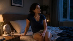 Femme s'éventant la nuit dans son lit, représentant les troubles du sommeil liés à la ménopause.