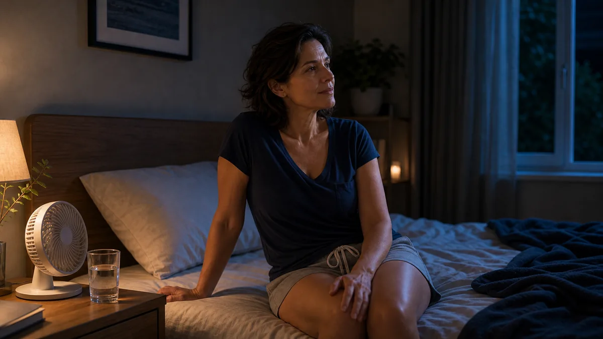 Femme s'éventant la nuit dans son lit, représentant les troubles du sommeil liés à la ménopause.