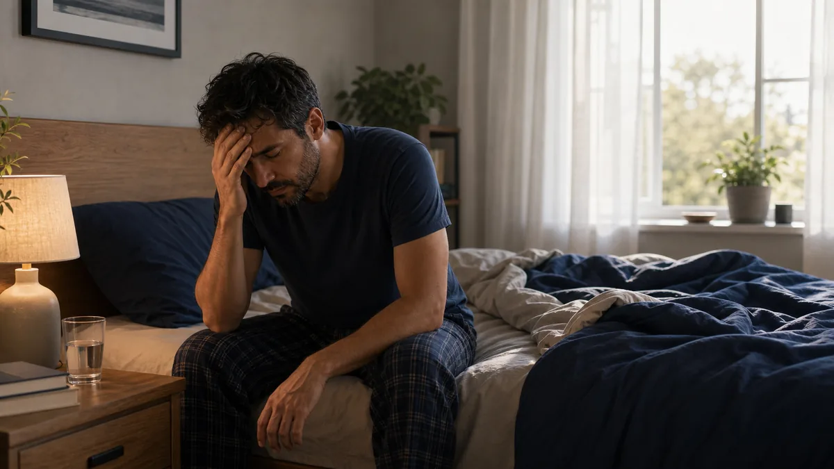 Personne fatiguée au réveil malgré une nuit de sommeil, illustrant le sommeil non réparateur.