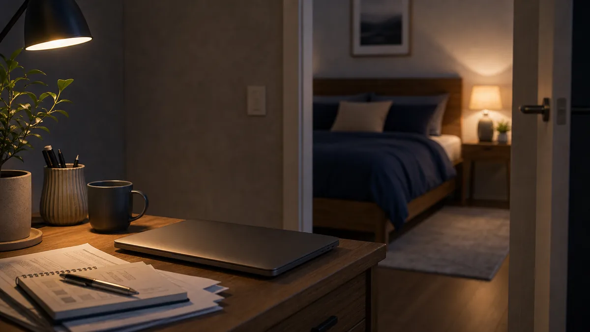 Bureau encombré de documents tard le soir, illustrant le stress professionnel perturbant le sommeil.
