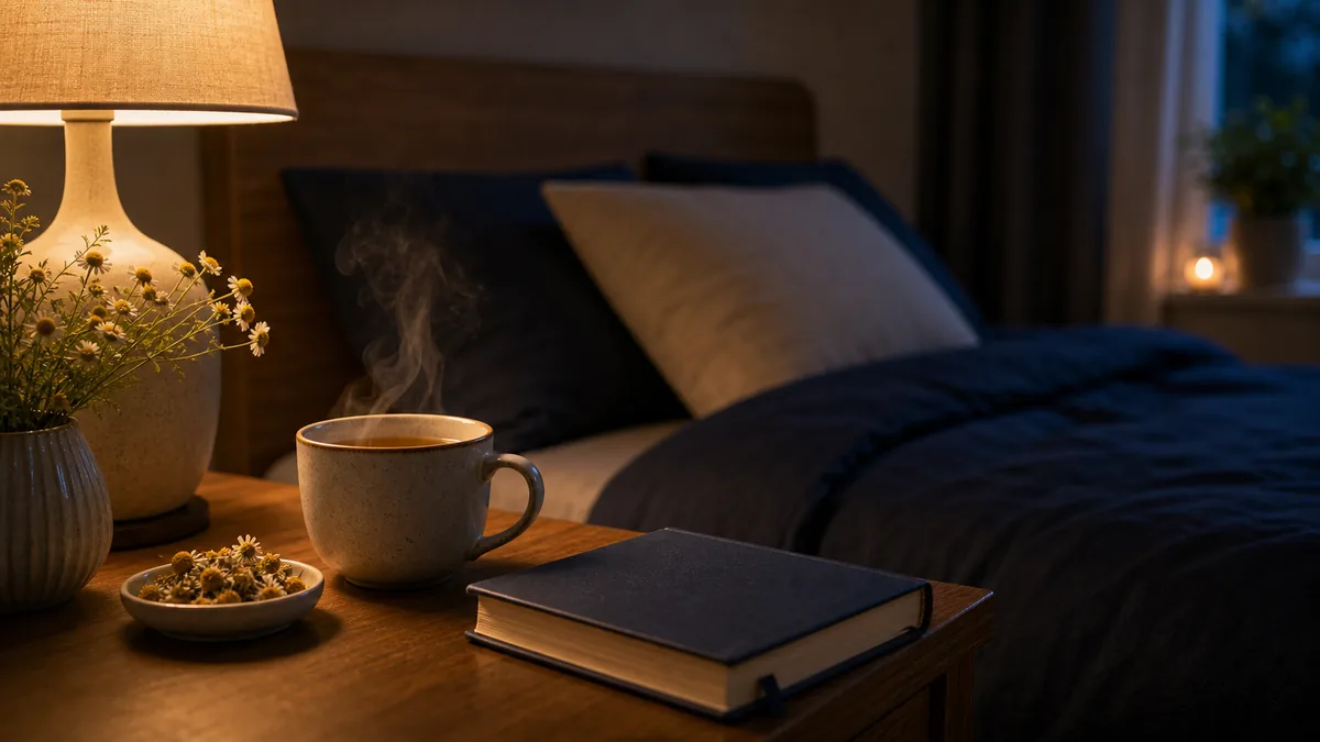Tasse de tisane fumante à la camomille posée sur une table de nuit, rituel relaxant du soir.