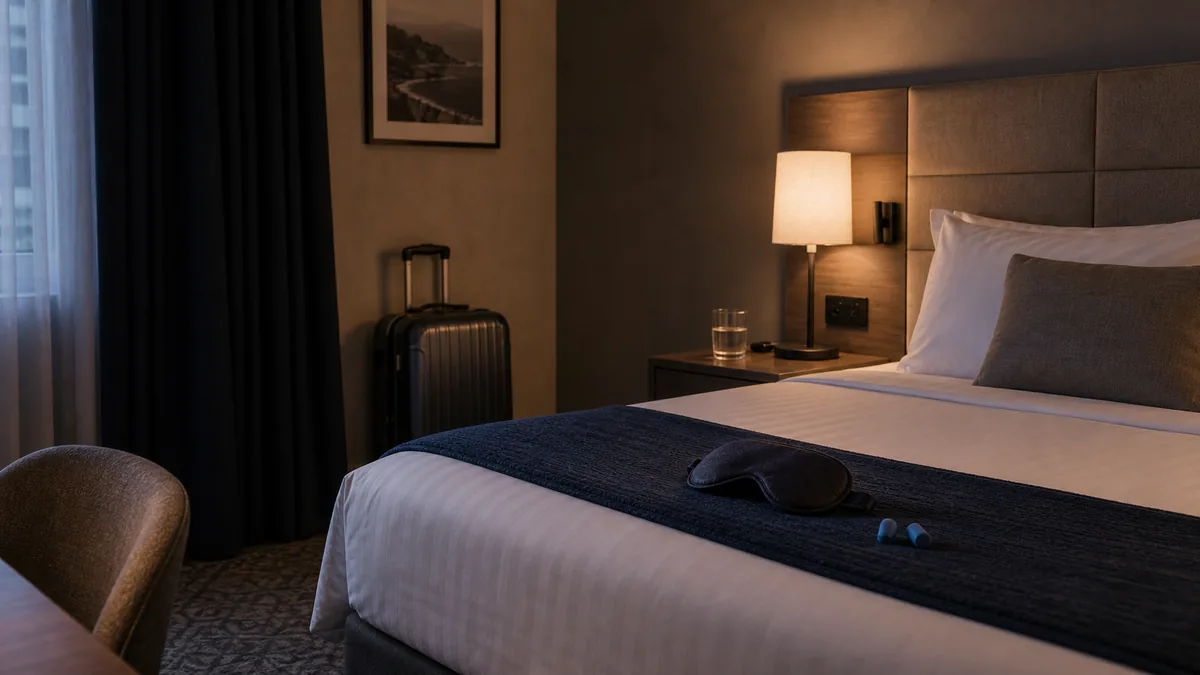 Chambre d'hôtel soignée avec literie blanche et rideaux occultants pour un sommeil de qualité.
