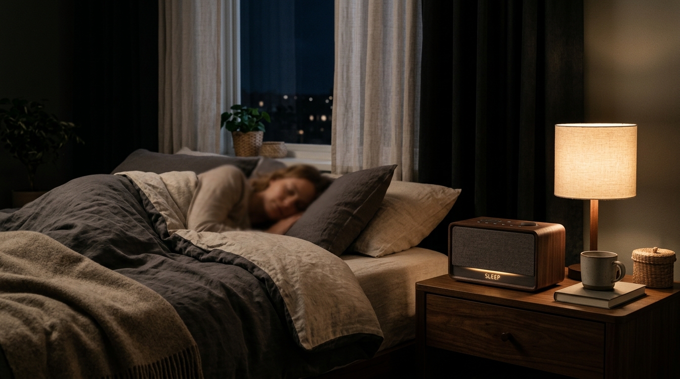 Diffuseur de bruit blanc sur une table de chevet la nuit