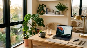 Bureau lumineux avec tasse d infusion et lumiere naturelle de l apres-midi