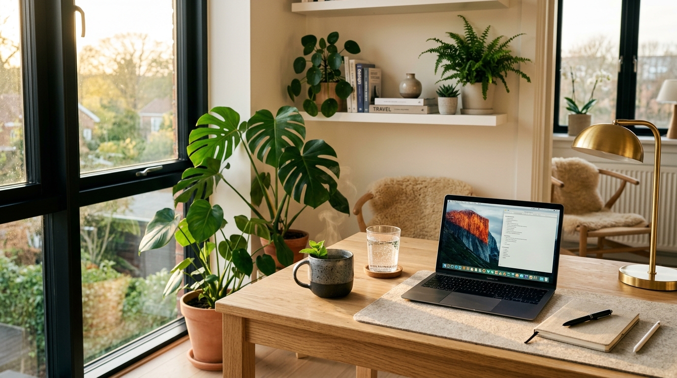 Bureau lumineux avec tasse d infusion et lumiere naturelle de l apres-midi