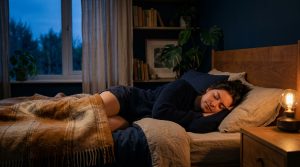 Femme dormant paisiblement dans un lit avec lumiere tamisee