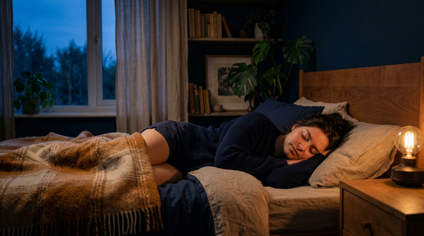 Femme dormant paisiblement dans un lit avec lumiere tamisee